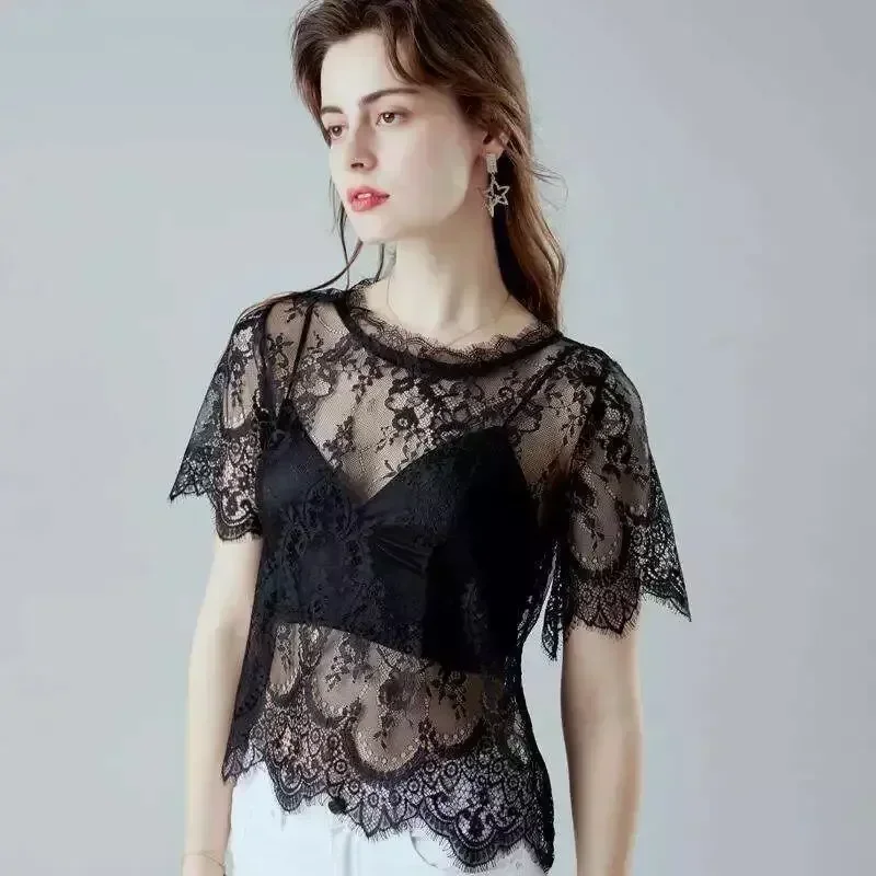 Womens blouses Summer Spring transparent Feminina Mesh Basic Short Sleeve top Mock Neck Solid Color Embroidered Floral Lace