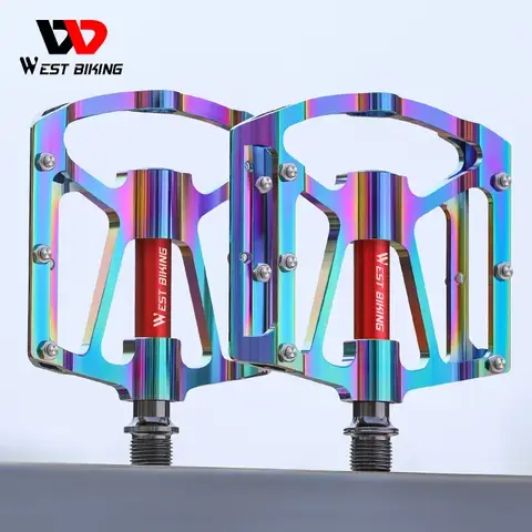 WEST BIKING 자전거 초경량 페달, MTB 7075 알루미늄 합금 플랫 페달, 로드 바이크 미끄럼 방지, 다채로운 사이클링 페달, 3 베어링