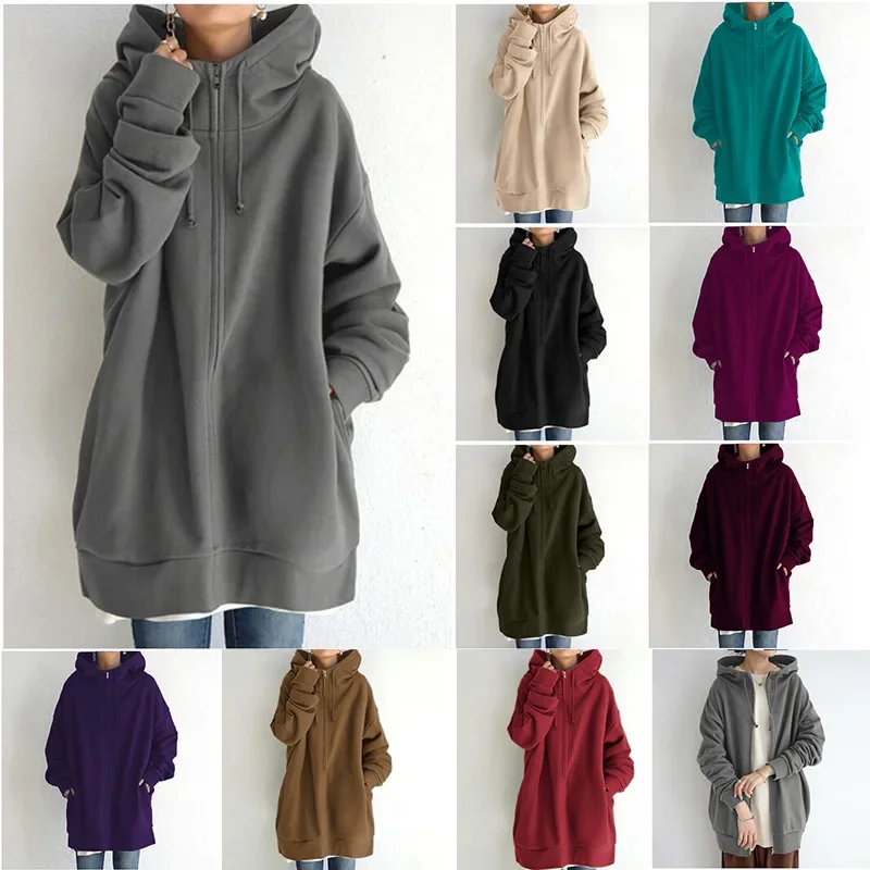 

Oversized S-5XL Women Loose Hooded Coats Autumn Female Tie Collar Long Sleeve Zipper Up Add Velvet X-Long Sweatshirt JYFS-HS0714