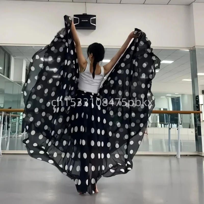 360-720 degree Classical Dance High-waisted Skirt Flamenco Dance Clothing Polka Dot Print Skirt Dance Stage Performance Outfit