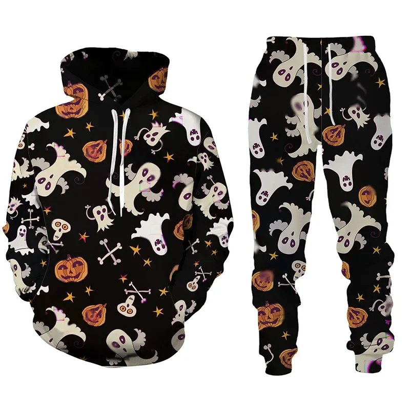 Chándal con estampado 3D para hombre, conjunto de Sudadera con capucha y pantalones de gran tamaño, ropa de calle informal para parejas, 2 piezas, para Halloween