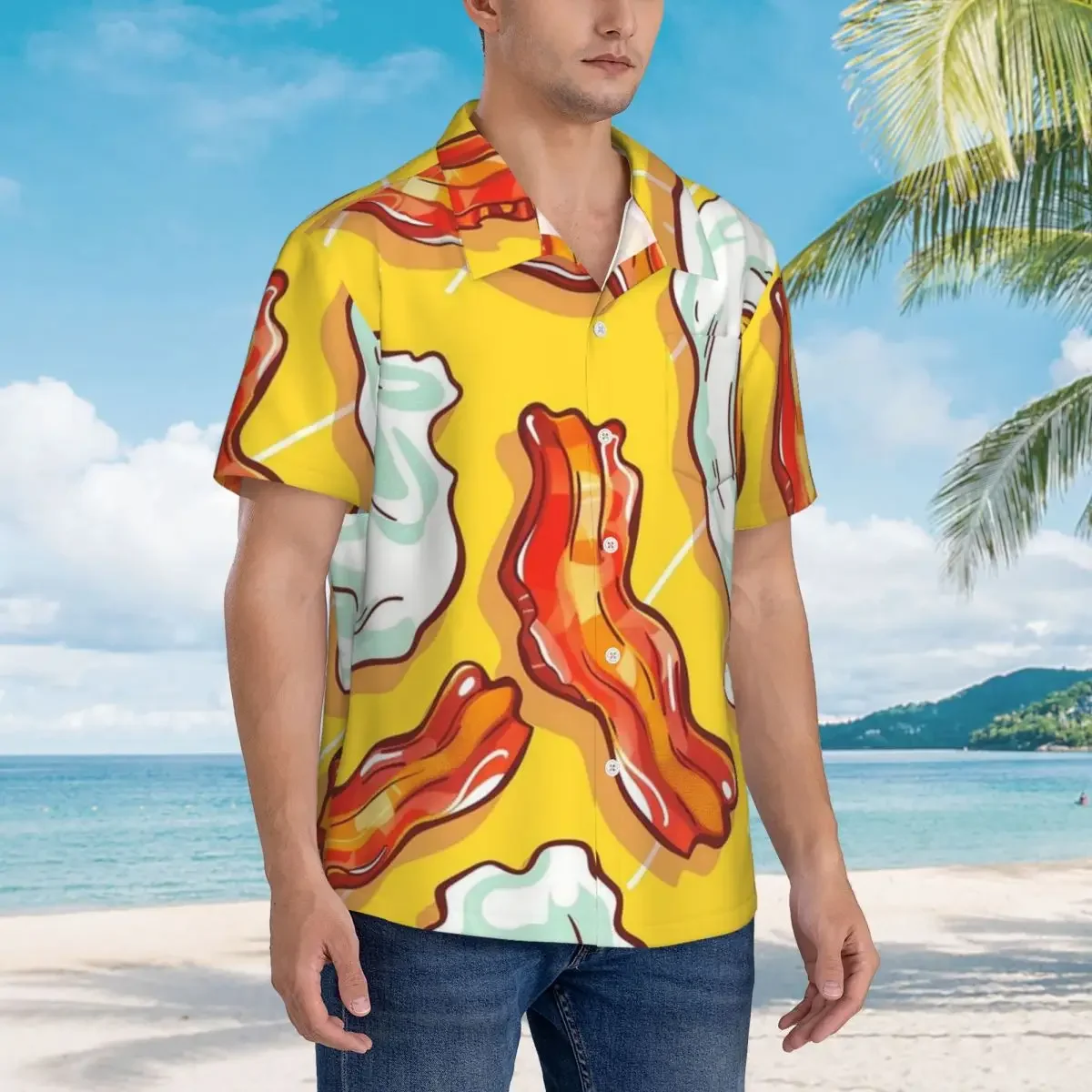 Fried Egg Bacon Gourmet Energy Breakfast Hawaiian Shirts Casual Men Short Sleeve Shirt for Summer Beach Men's Button Tops