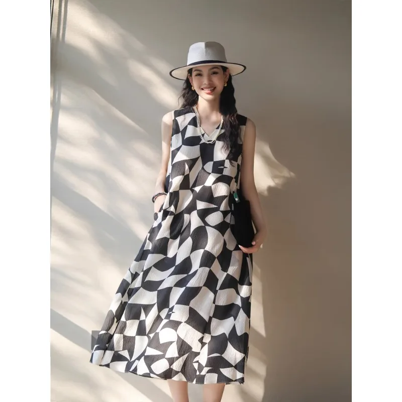 

Summer V-Neck Strapless Dress French Style Vacation Loose Women's Clothing Sleeveless Casual Linen Dress N718