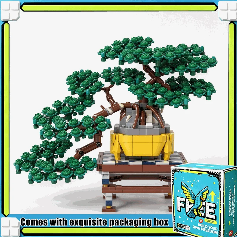 894PCS Juniper Cascade Bonsai Tree Art Model Building Blocks Custom Assembly Evergreen Display Stand Gift For Living Room Decor