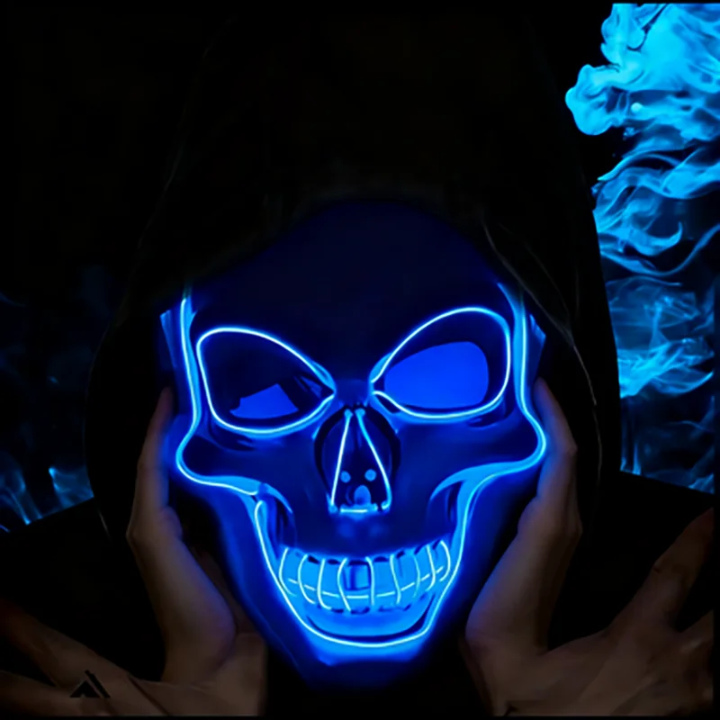 قناع جمجمة رعب الهالوين قناع الضوء البارد LED - مناسب للهالوين، يوم الموتى، عيد الفصح - قناع توهج الرعب للبالغين، القاعة