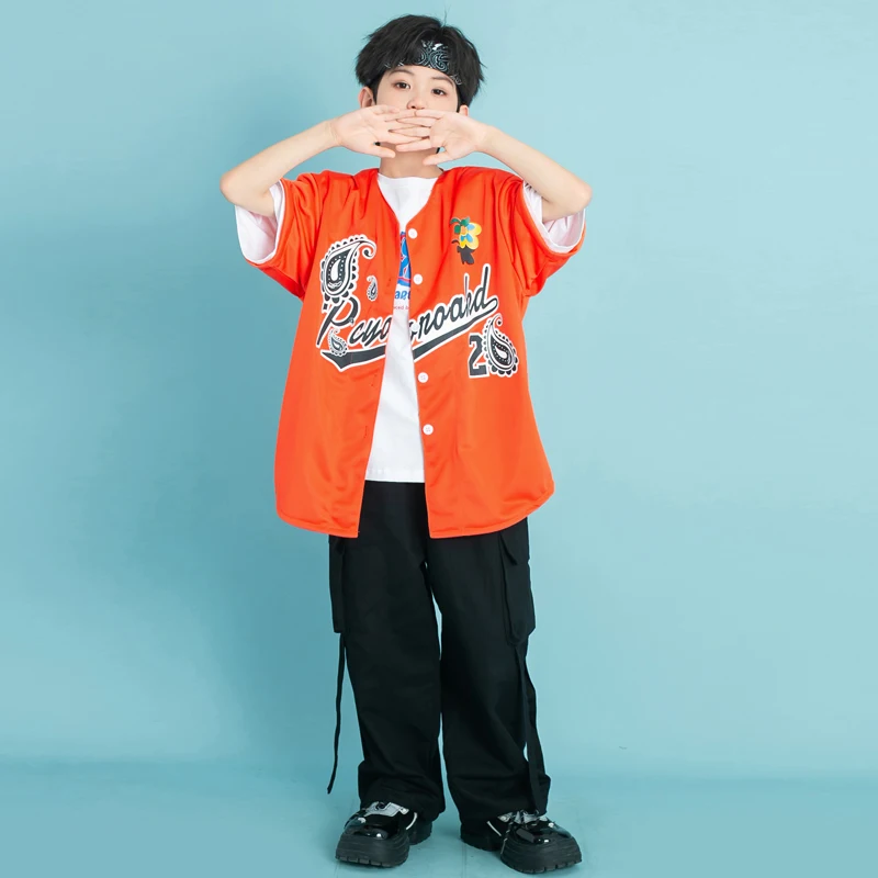 Kids Hip Hop Clothing Orange Oversized Cardigan Baseball Shirt Top Black Cargo Shorts for Girl Boy Jazz Dance Costume Clothes