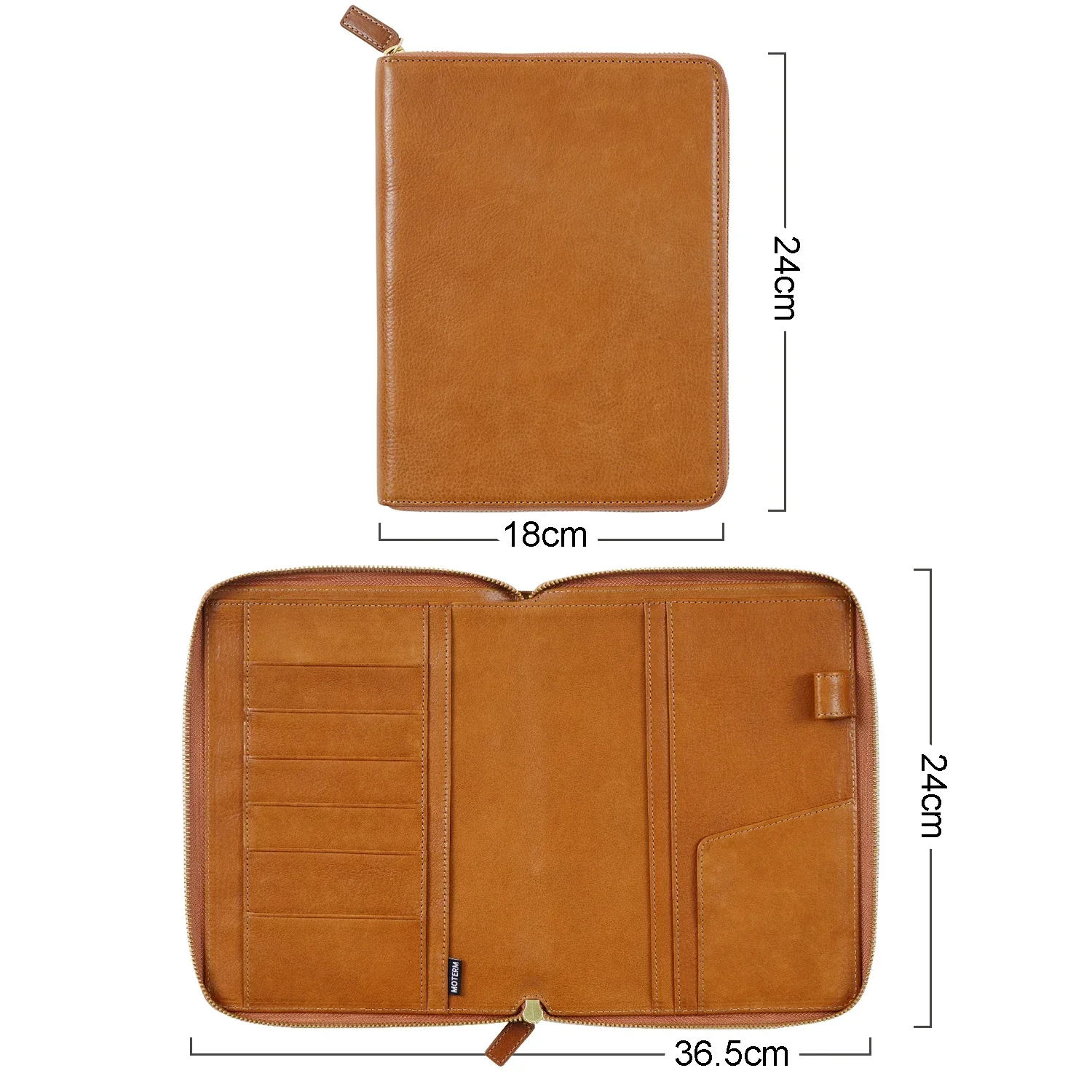 Moterm Full Grain Vegetable Tanned Leather A5 Zip Cover with Top Pocket Planner Zipper Notebook Organizer Agenda Journal Diary