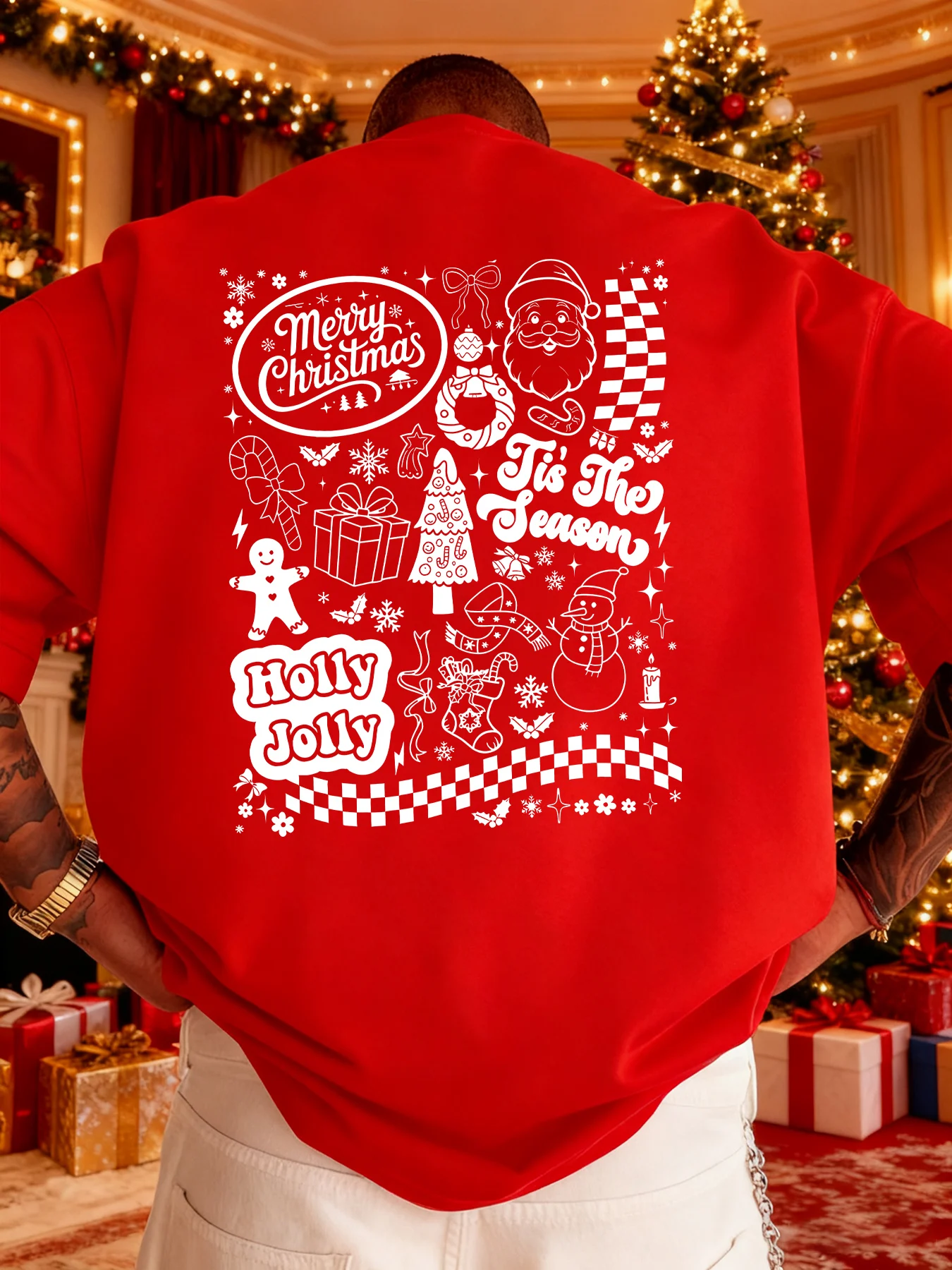 

Men's short-sleeved T-shirt Merry Christmas snowman gift tree candy hand-painted suitable holiday parties and home casual wear