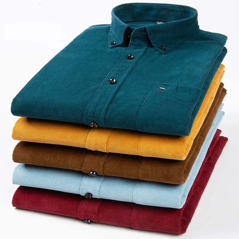 Plus Size 7XL 100%Cotton Corduroy Long-Sleeve Shirts for Men Slim Fit Formal Plain Shirt Soft Casual Elegant Brushed Clothes