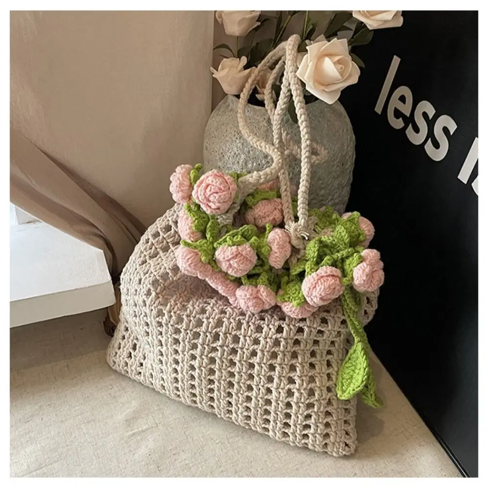 Bohemian Rose Bouquet Weave Bag Crochet Cotton Rope Knitted Flower Shoulder Bag Hollow Out Romantic Rose Beach Bucket Bag