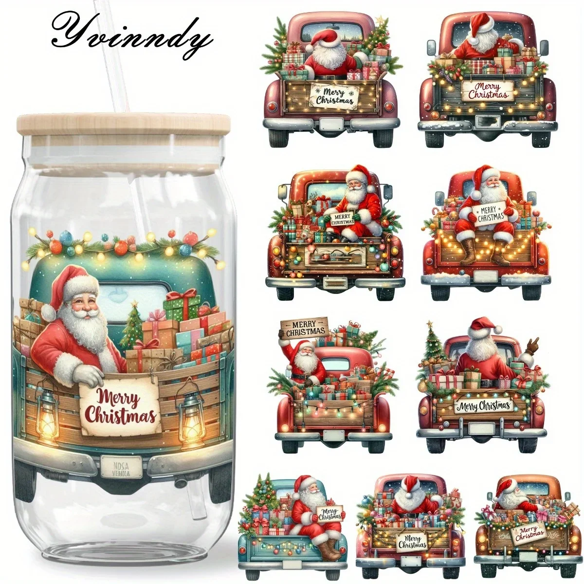 

5 шт./компл., рождественский грузовик, 16 унций, стеклянная банка, переводная бумага, УФ- DTF, высокая самоклеящаяся переводная бумага для украшения чашек