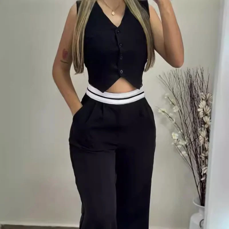 New Fashion Summer Casual Sexy Elegant V-Neck Buttoned Vest Top & Pocket Design Pants Set Womens Two Piece Sets Outfit