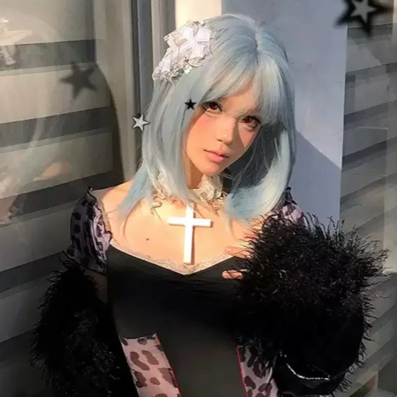 Fashion Short Straight Cosplay Wig, Ice‑Blue Synthetic Full‑Head Wig with Bangs for Lolita JK Theme Party Daily Use