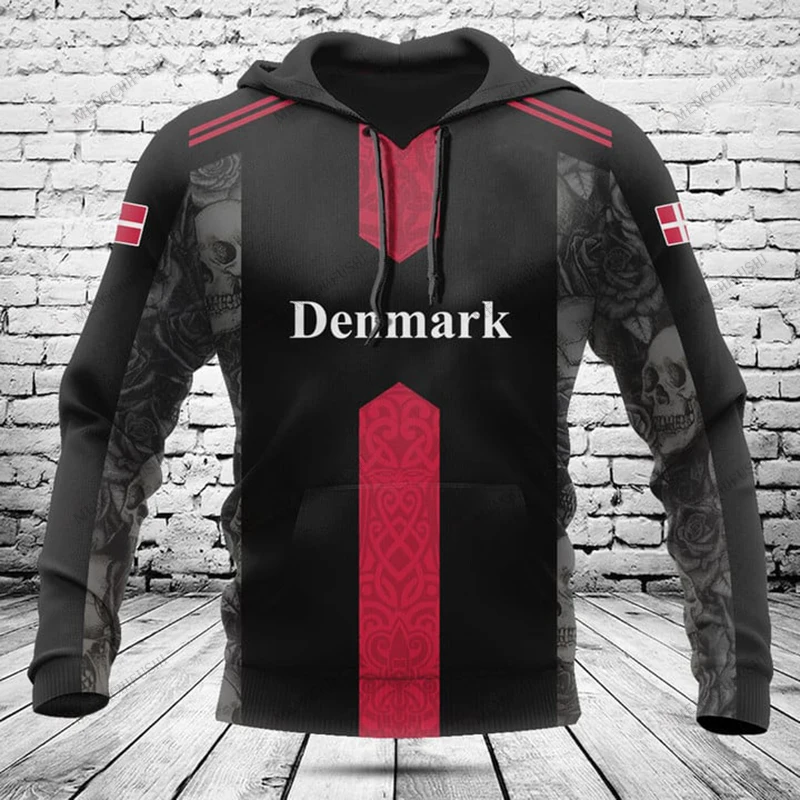 

Custom Name Denmark Flag Skull Graphic Hoodies Winter Non Fading Unisex Casual Long Sleeve Tops Loose Men's Fashion Streetwear