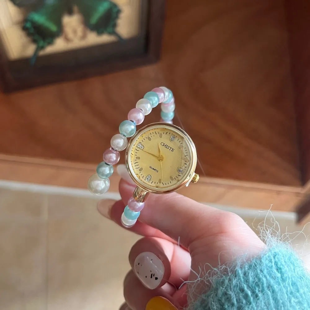 New Rainbow Pearls Bracelet Watch Elegant Adjustable Quartz Watch Gift Luxury Wristwatch for Women