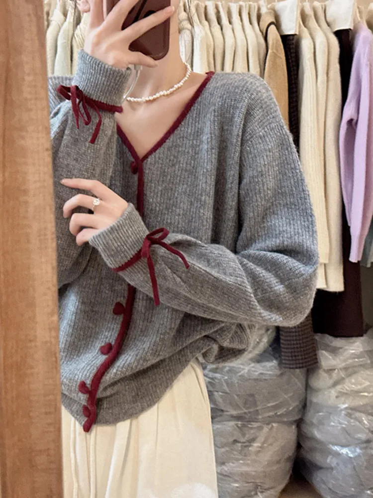 

Comfortable Soft Korean Sle V-Ne Knitted Long Sve Camere Coat with Bow Tie Ele Color Blo Women's Top