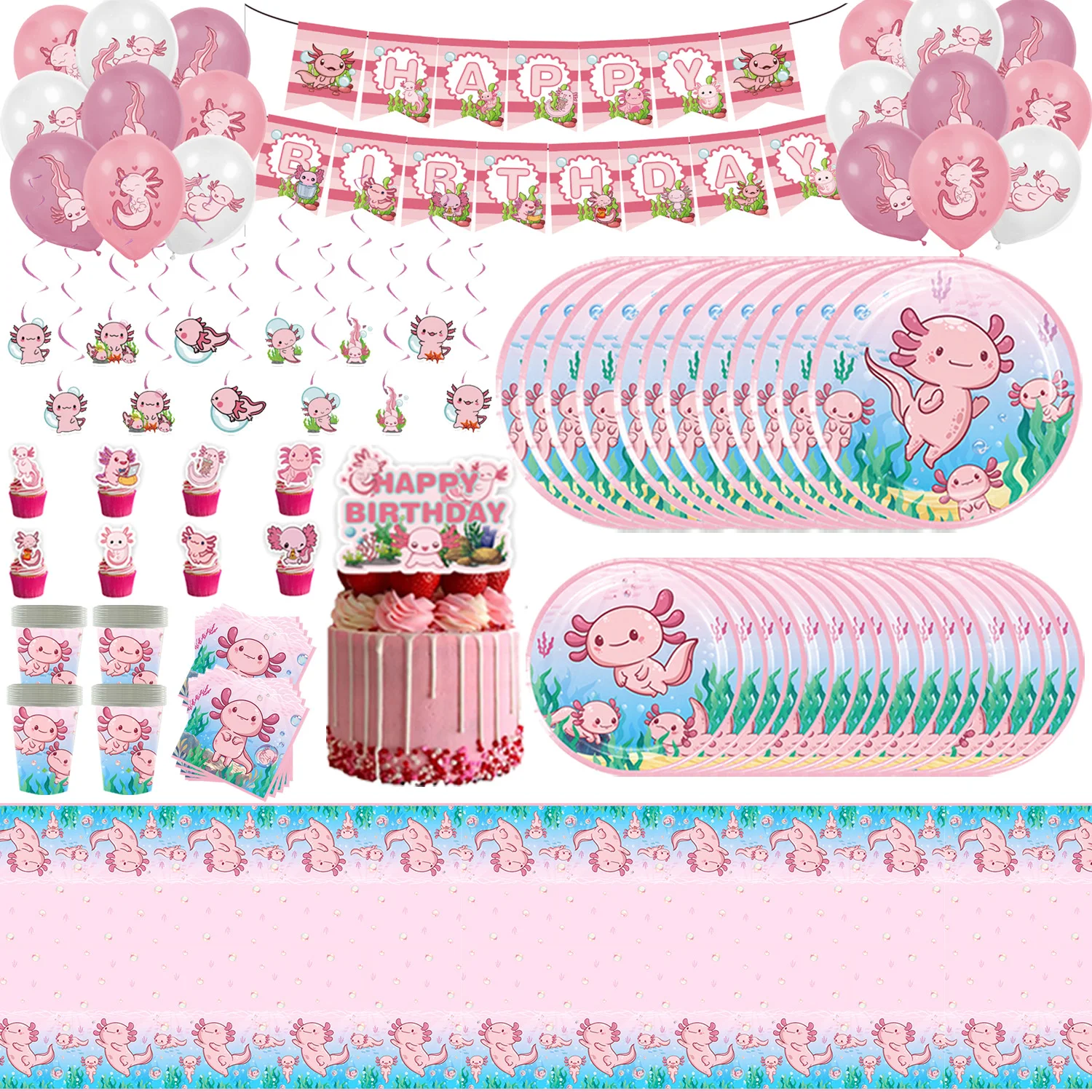 

Cartoon Axolotl Birthday Party Decorations Supplies Pink Balloon Cup Plate Backdrop Children Photography Background Props Gifts