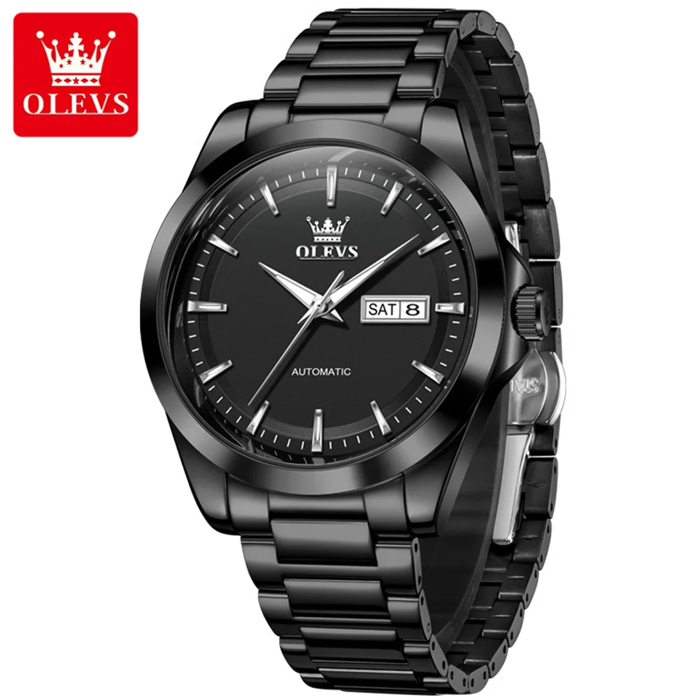 

Новые механические часы OLEVS для мужчин, роскошный бренд, простой стальной ремешок, водонепроницаемые, с двойным календарем, деловые автоматические мужские часы 7090