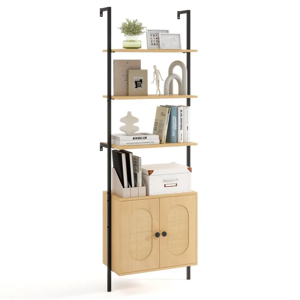 

72.5 Ladder Bookshelf with Cabinet, 6Tier Tall Wall Mounted Bookcase w Open Shelves amp Rattan Storage Compartment, Sturdy Metal