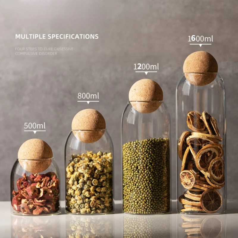 

Open Ball Cork Lead-free Glass Jar with Lid Bottle Storage Tank Coffee Cereals Candy Bean Nut Transparent Kitchen Storage Jars