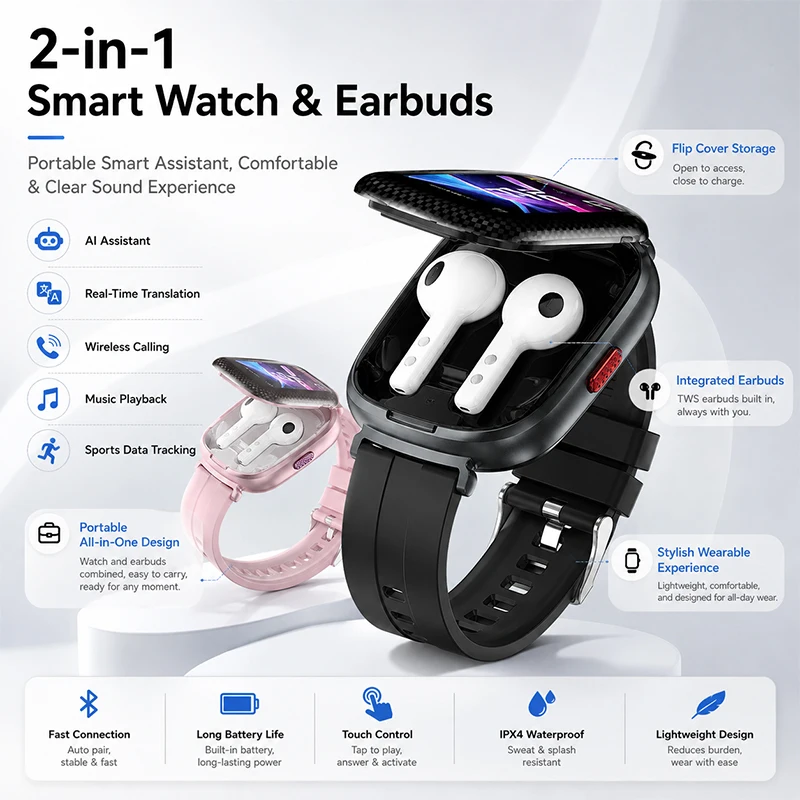 2026 Smart Watch with Built-in Wireless Earbuds HD Stereo Sound Bluetooth Calling AI Assistant Fitness Tracker for Android iOS