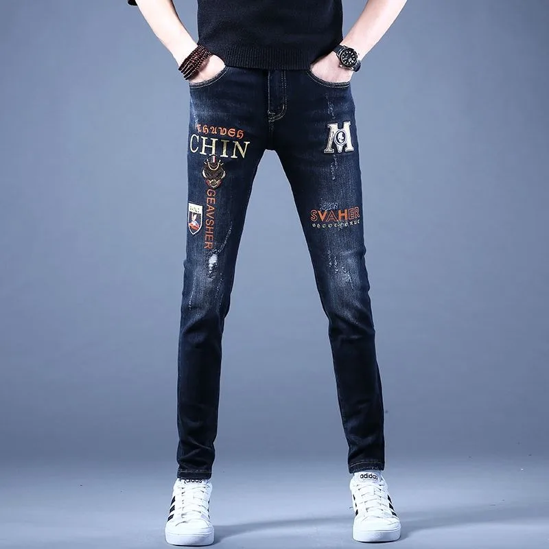 New arrive light luxury men’s black blue jeans pants,Trendy Korea style slim pants,embroidery street pants,Ripped casual jeans ;