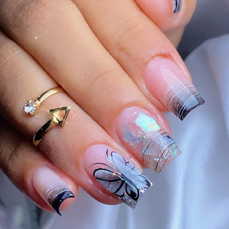 

24pcs Black Ombré Press-On Nails - Gothic Butterfly & Line Art Medium-Long European Type Dark Chic False Nail For Women Girl