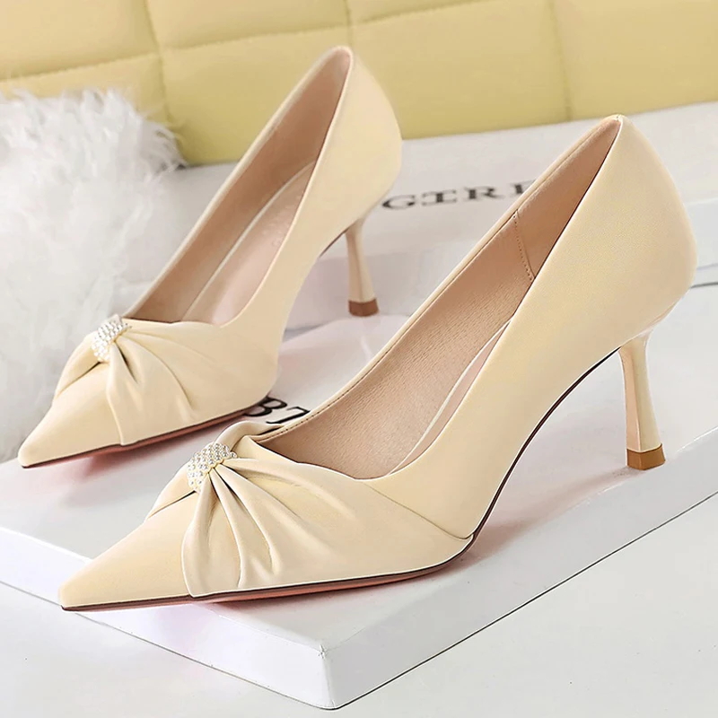 

BIGTREE Shoes Butterfly Knot Twisted Flower Pearl Women Pumps pointed tip High Heels Stiletto 6.5 cm Professional office Shoes