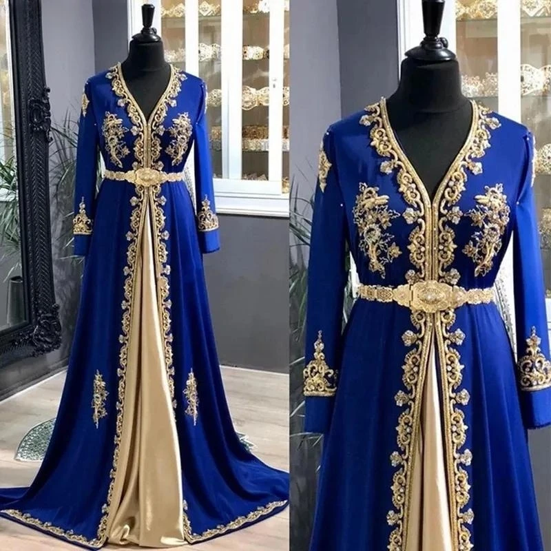 Royal Blue Moroccan Kaftan Muslim Evening Dresses A-line V-neck Long Sleeves Appliques Dubai Arabic Turkey Abaya Islamic Gown