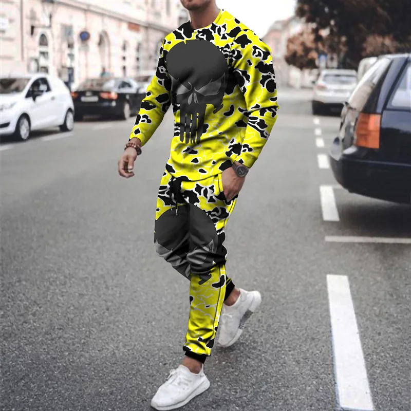 Skull Printed Men\'s Tracksuit Set Men Sport Suits Vintage Long Sleeve T-shirt Trousers Casual Streetwear 2 Piece Suit Outfits