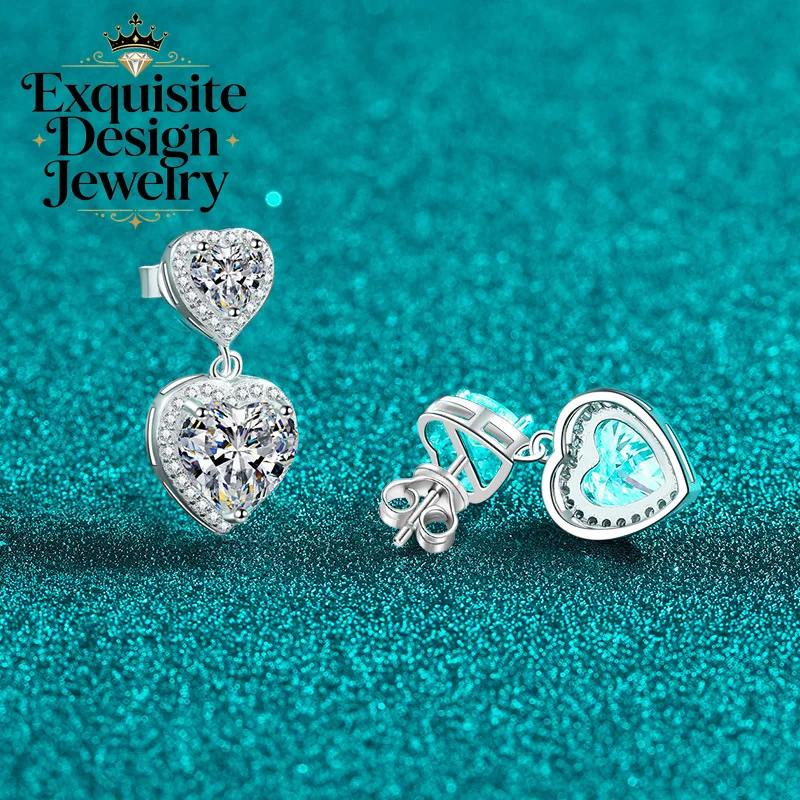 Exquisite Platinum PT950 Ultra-luxurious 5-carat Moissanite Double Heart Earrings, Sweet and Cute Diamond-studded Tassel Earring