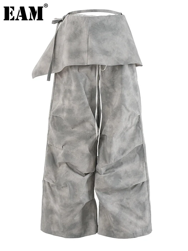 

[EAM] High Waist Gray Printed Pleated Drawstring Long Wide Leg Pants New Trousers Women Fashion Tide Spring Autumn 2024 CPDB314