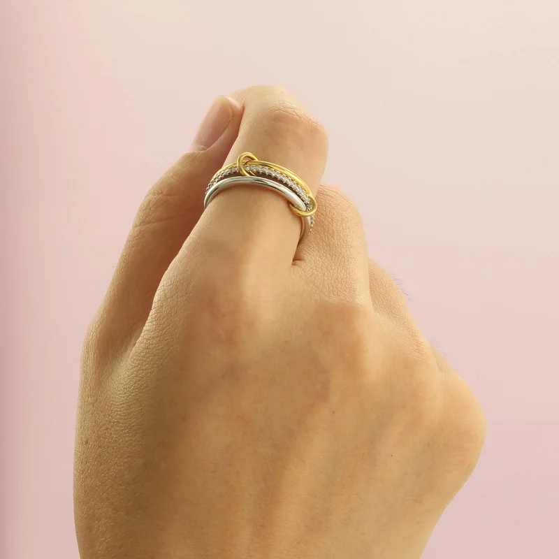 BAMOER U Moissanite Interlocked Stackable Rings Set Two-Tones Multi-Links Connected Bands for Women Jewelry Gift D Color VVS1