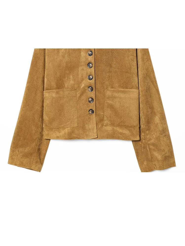 HH 新しい女性向け冬ファッション 長袖 シングルブレスト スエード ポケット装飾 ショートコート 女性用 ストリートスタイル カジュアルジャケット