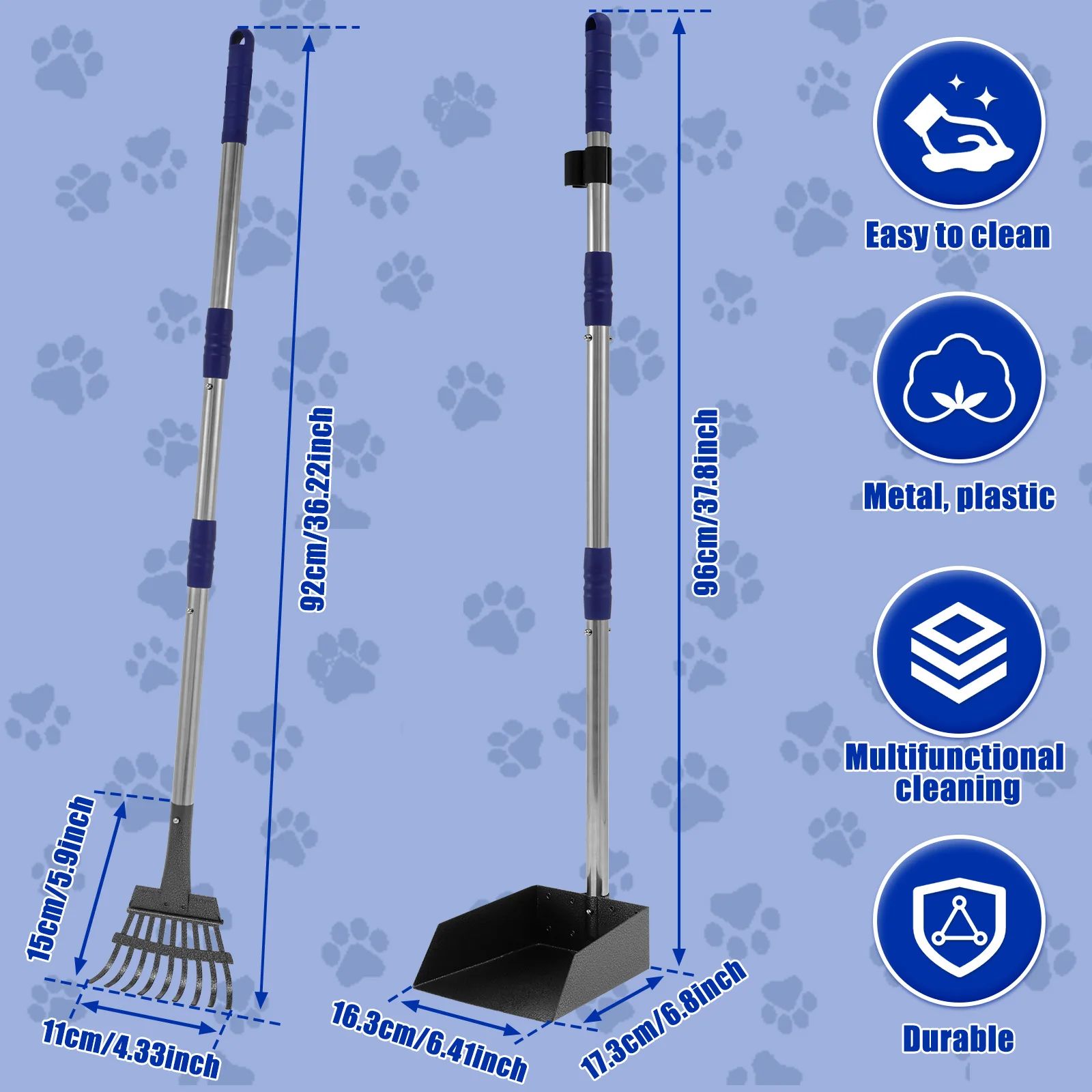 Pooper Scooper Metal Scooper Tray and Rake Set with 3 Stainless Steel Long Handle Removable Dog Pooper Scooper Multifunctional