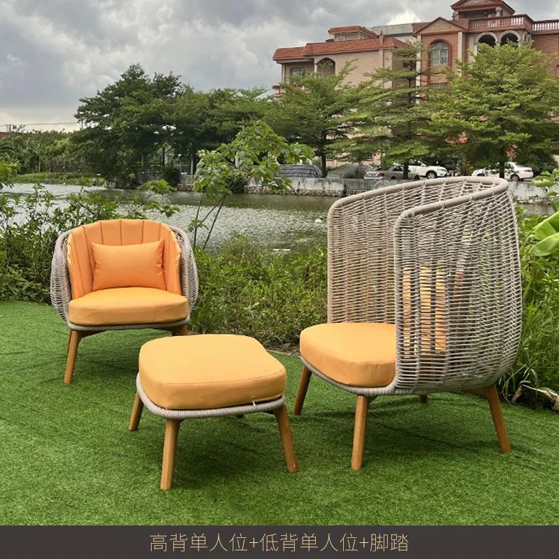 Outdoor furniture rope woven tables and chairs coffee shop hand-made rattan woven waterproof and sunscreen chairs