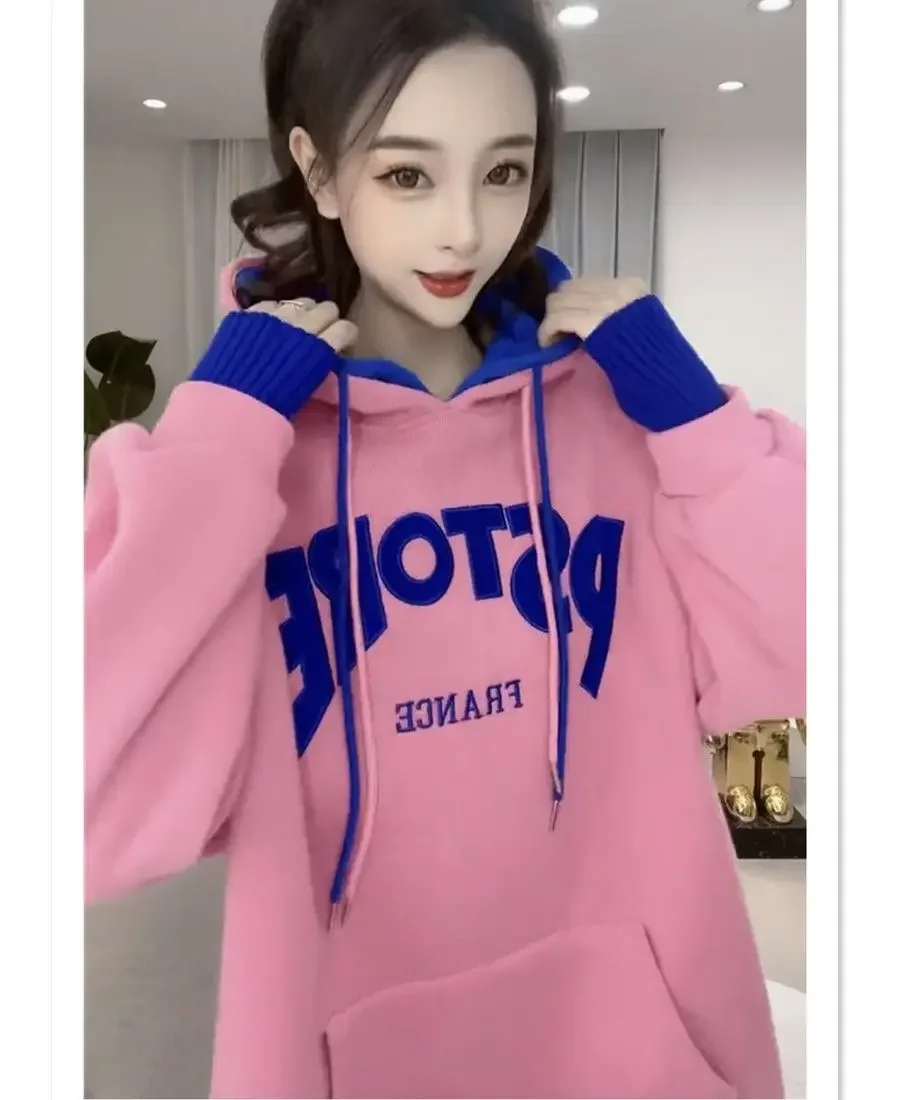 สีที่ถูกบล็อกHooded Sweatshirtผู้หญิงขนแกะหนาฤดูใบไม้ร่วงฤดูหนาวเกาหลีPlusขนาด 300 ปอนด์ตัวอักษรปลอม 2 ชิ้นเสื้ออินเทรนด์