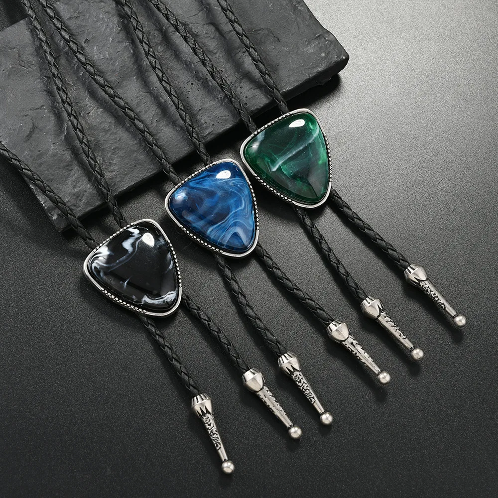 European and American new cross-border bolo tie fashion triangular colored stone collar western denim bolo tie men's necklace