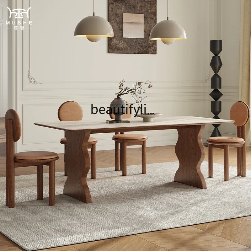 French retro travertine rock slab rectangular dining table and chair combination simple household dining table