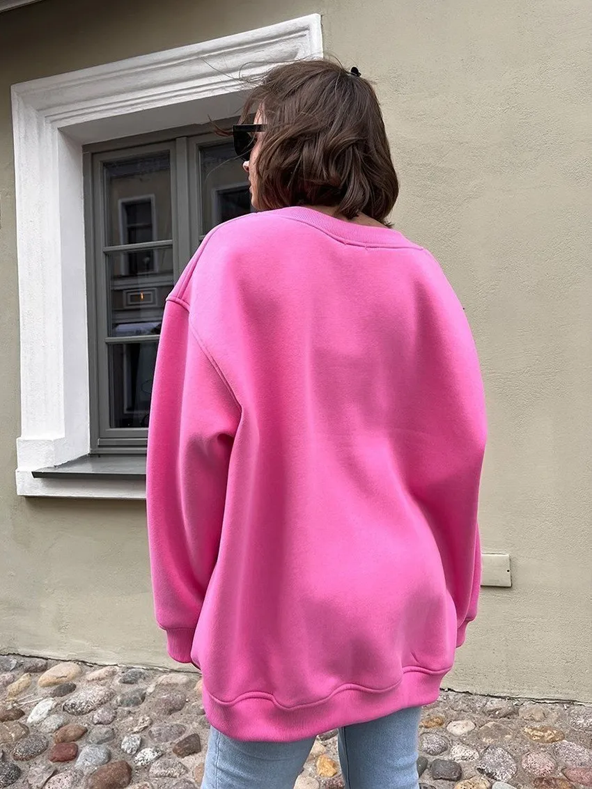 Round Neck Pullover Hoodie Mid Length Alternative Street with Loose Fit Single Regular Thickness Streetwear Women Sweatshirts