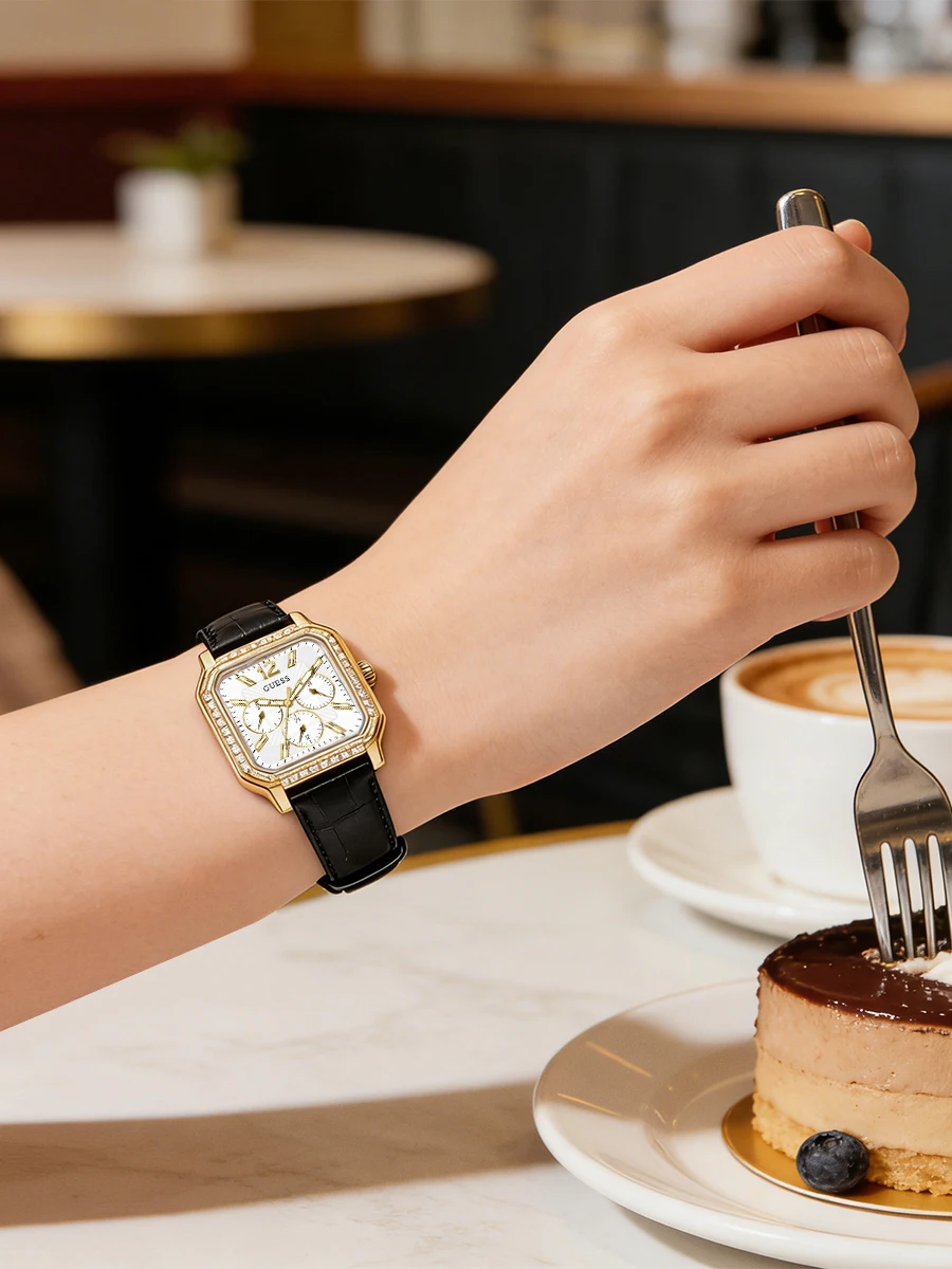 GUESS Women's Watch Square Analog Dial Black Leather Strap Quartz Watch for Daily Casual Formal Business meeting Valentine gift
