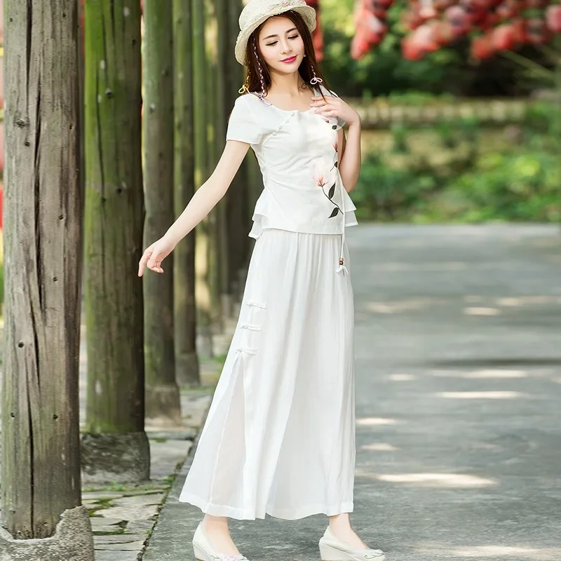 Chinese Style Bottom For Women Chiffon Pants Woman Oriental High Waist Wide Leg Trousers Split Breathable Casual Outfit 12709