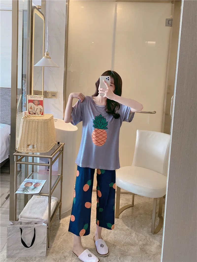 Two-piece women Summer new  trousers loose casual O-neck pajamas home wear can be worn outside the suit School pajamas Short