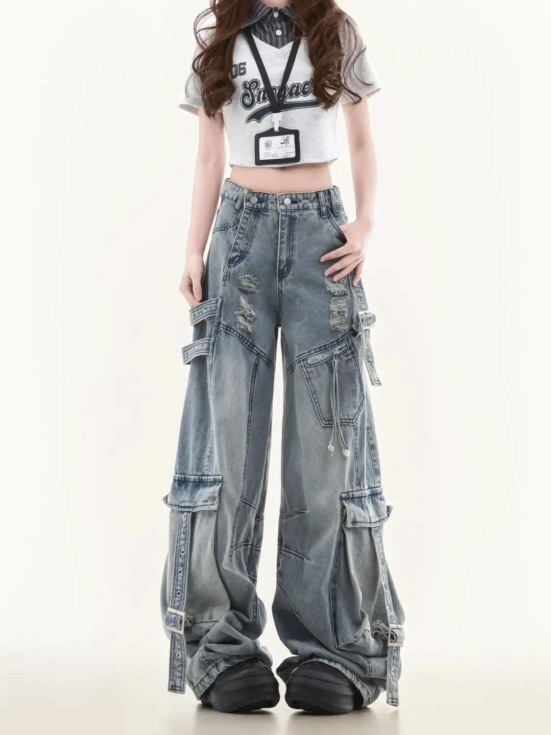 Men And Women Vintage Light Wash Wide Leg Cargo Jeans Ripped Design Adjustable Strap Y2K Street Style Casual Daily Going Out Baggy Denim Trousers