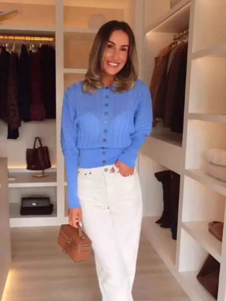 

Женский весенний новый модный повседневный вязаный кардиган с круглым вырезом и рукавами-гармошкой, однобортный, с длинными рукавами