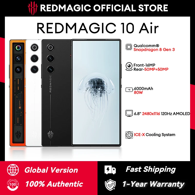 الإصدار العالمي Redmagic 10 Air NX779J Snapdragon 8 Gen 3 6.8 "AMOLED 120 هرتز 2480 x 1116 50MP * 2 + 16MP 6000mAh 80W NFC
