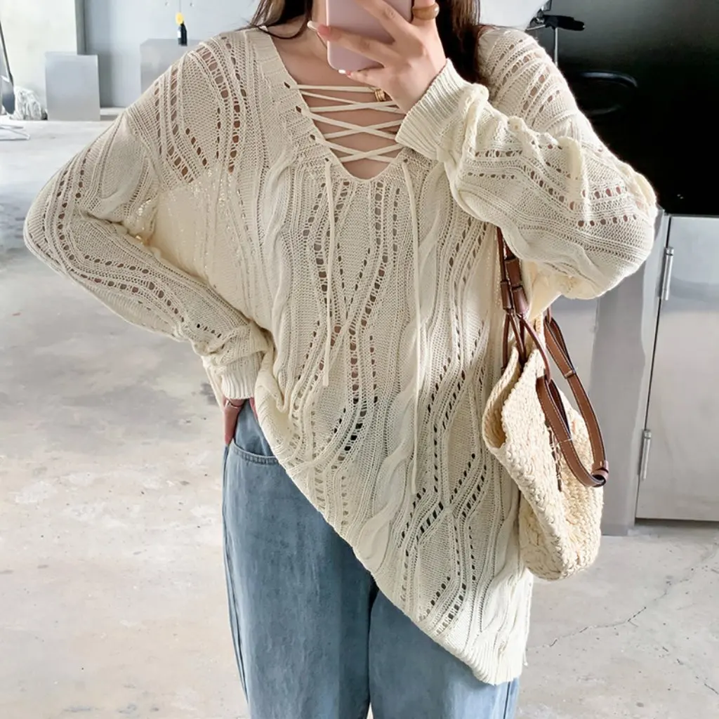 

Двойной дневной женский летний свитер большого размера с полым ремешком и длинными рукавами в ленивом стиле F056 Одежда Fat Sister