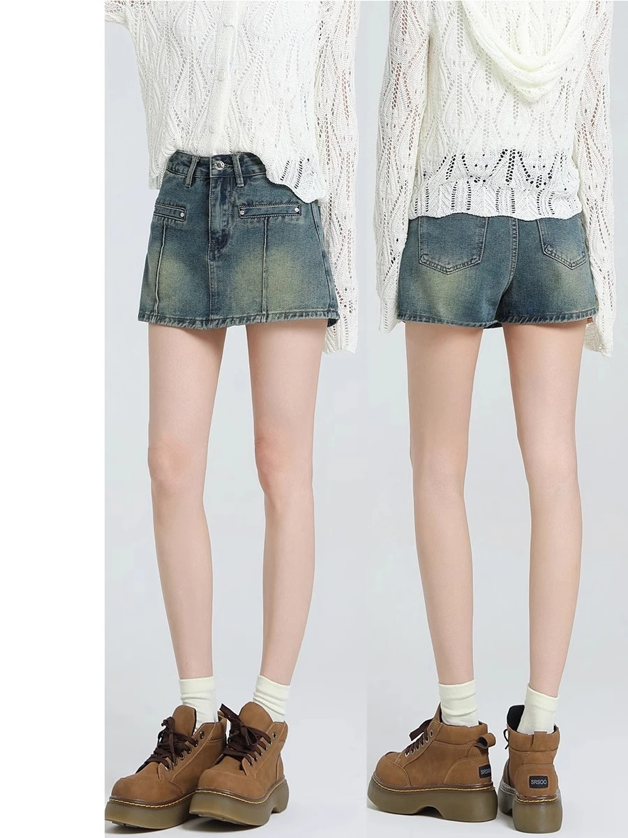 

American Retro High Waist A-Line Skirt Women's Denim Shorts Summer Design Sensation Bodycon Skirt Pants Deep And Light C...