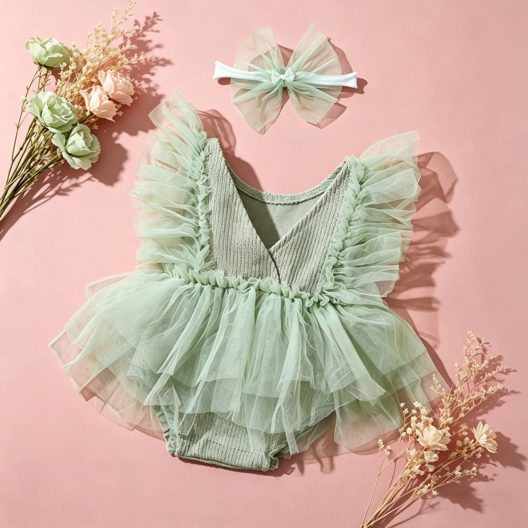 Ylsteed Newborn Photography Outfit Baby Tutu Dress + Headband Set 0-3M Soft Tulle Romper Princess Costume Photo Shoot Clothing view 3