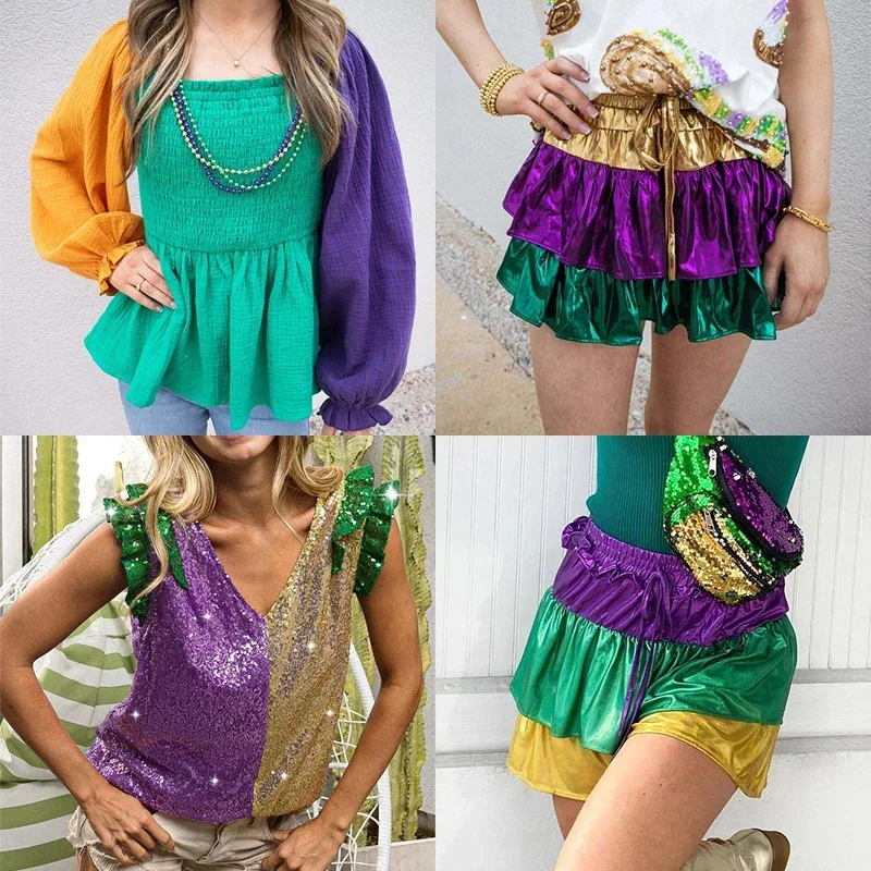 Mardi Gras Mini Shorts Skirt Colorblock Layered Clothing Women Fashion Ladies High Street Tri Color Spliced Sequined V-neck Tops